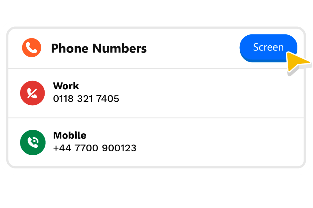 phonetools component with cursor clicking 'screen' button