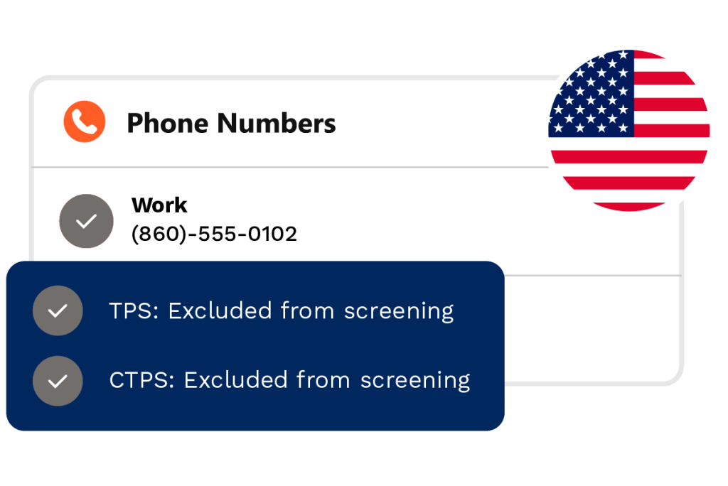 phonetools component showing a US number with an excluded from screening popup. along with USA flag